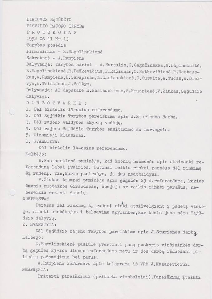 Lietuvos Sajūdžio Pasvalio rajono Tarybos 1992 m. birželio 11 d. posėdžio PROTOKOLAS Nr. 13